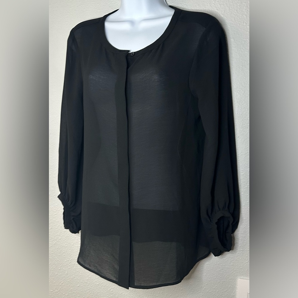 Ann Taylor LOFT Women’s Black Sheer Button Down Balloon Sleeve Blouse Size Small